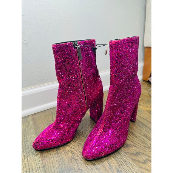 NEW SAINT LAURENT Fuchsia Pink Glitter Heeled Side Zip Bootie size 36.5 US 6.5 - Picture 12 of 14